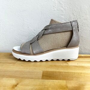 Clarks Metallic Taupe Braided Wedge Platform Zip Back Sandals Jillian Size 7